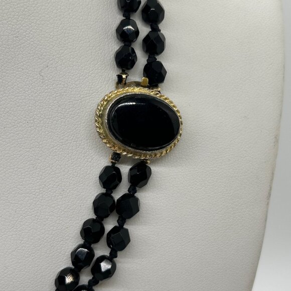 Vintage Glass Beaded Necklace Black Handknotted With Gold-Tone Oval Clasp 1950 - - Picture 6 of 13
